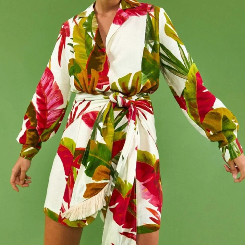 FARM Rio White Mini Dress with Green, Pink and Brown Tropical Leaves - Picture 2 of 13